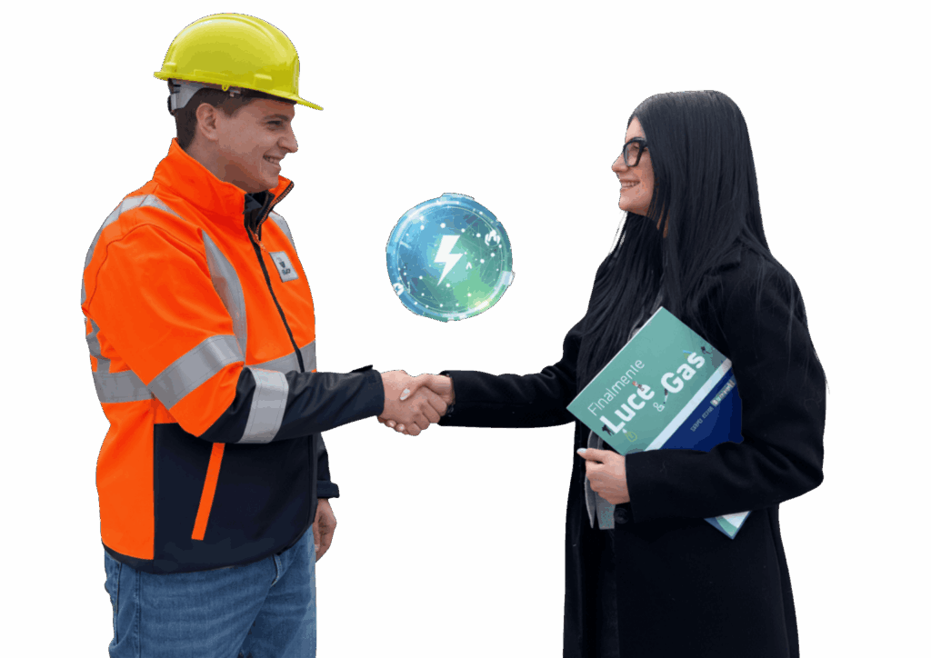 Tecnico in abbigliamento alta visibilità e consulente che si stringono la mano davanti a un logo di energia digitale, tenendo una cartella "Finalmente Luce & Gas"